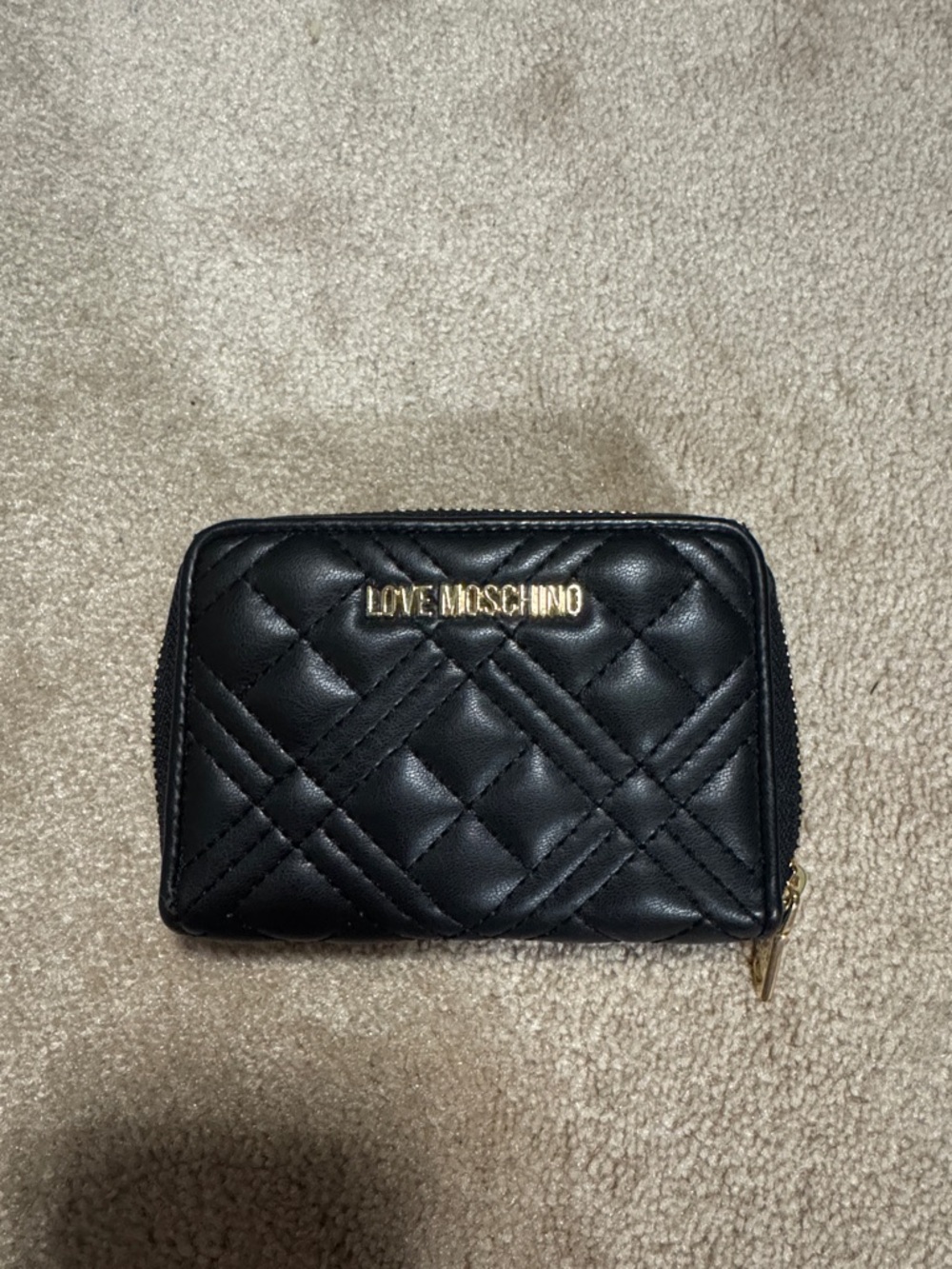 Love Moschino Black Quilted Zip-Around Card Wallet with Gold Logo